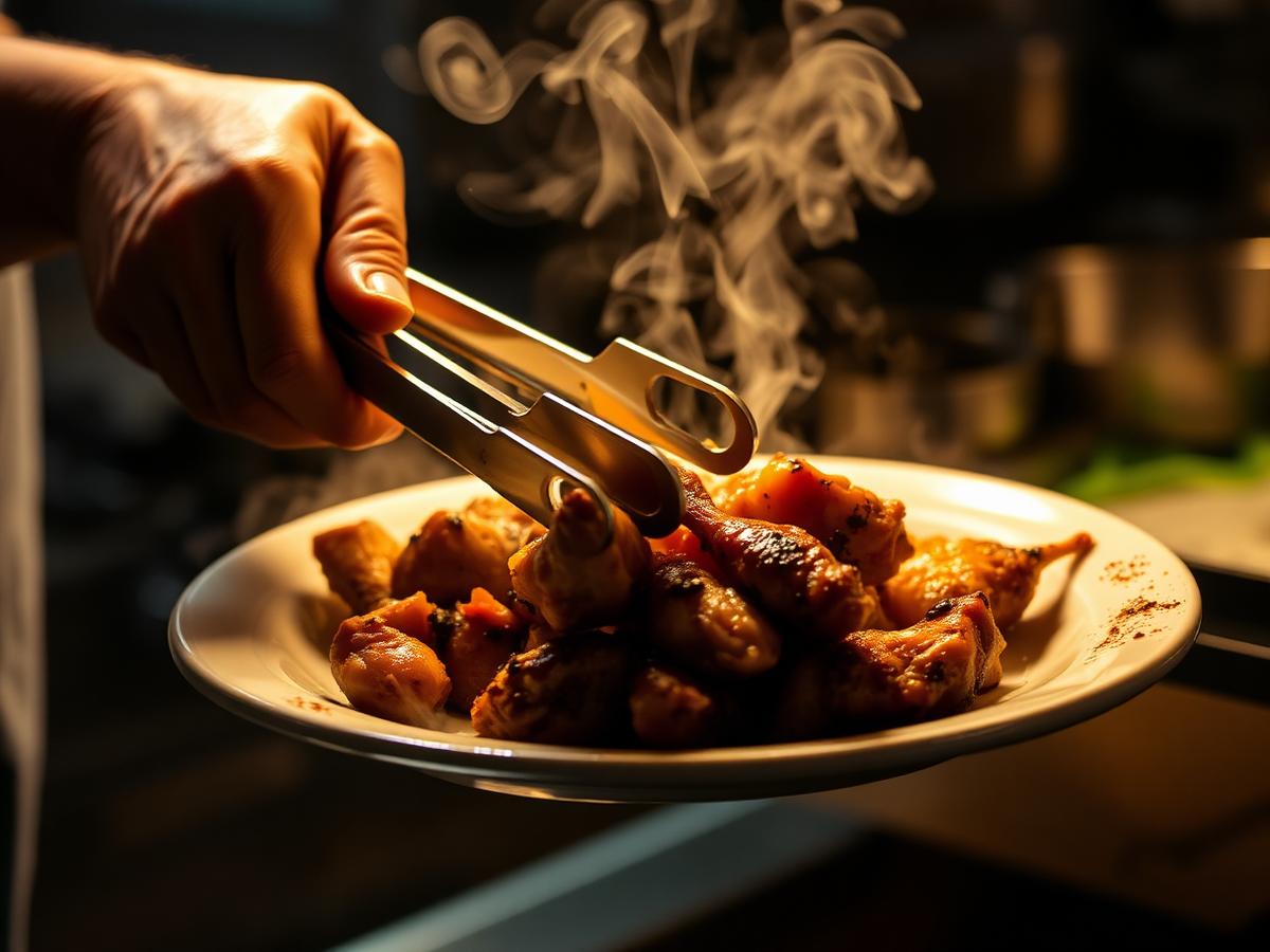 Cook plating steaming jerk chicken