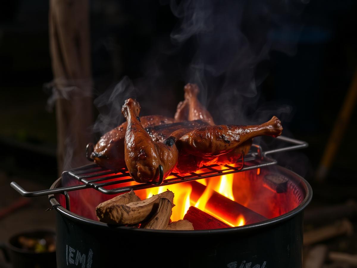 Jerk chicken smoking over an oil drum grill